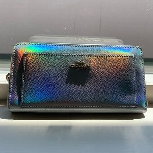Coach Silver Hologram Leather Accordion Zip Wallet